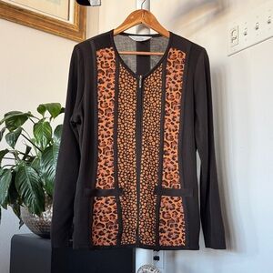 Exclusively Misook Leopard Brown Knit Sweater Cardigan Jacket Sz L Full zip